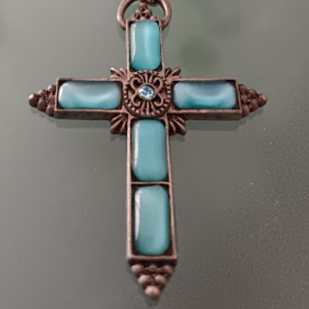 1928 JEWELRY SYMBOLS OF FAITH Dark Silver Aqua Blue Moonstone Cross Necklace - Picture 2 of 6